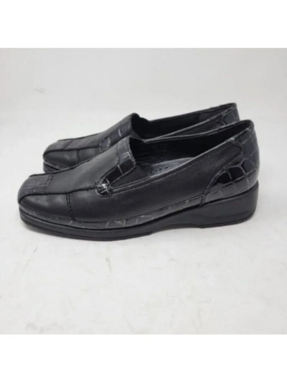 Ara Leather Crocodile Print Mokassin Slip On Loafer Shoe Black